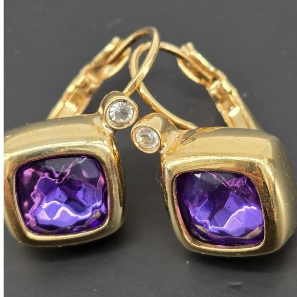 Vintage 90s Joan Rivers Purple Crystal Square Bezel Leverback Earrings - Picture 1 of 11